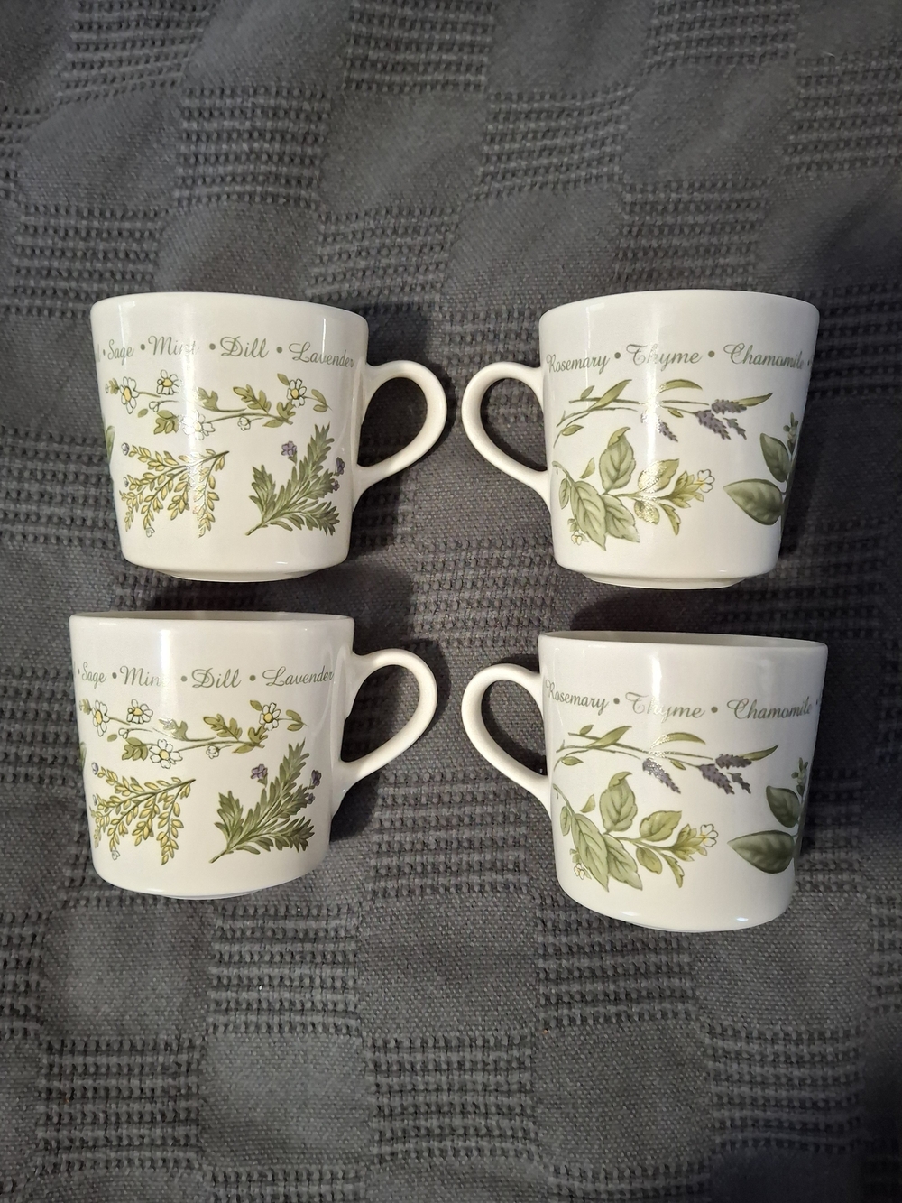 Corelle White Mugs with Green Botanical Herb Motifs